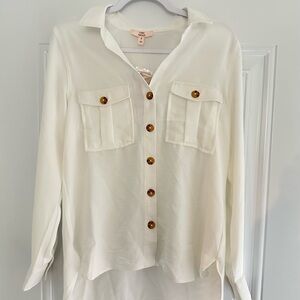 Como Vintage Cream Button Down Top w/ Brown Buttons Small Women’s Chic Shirt